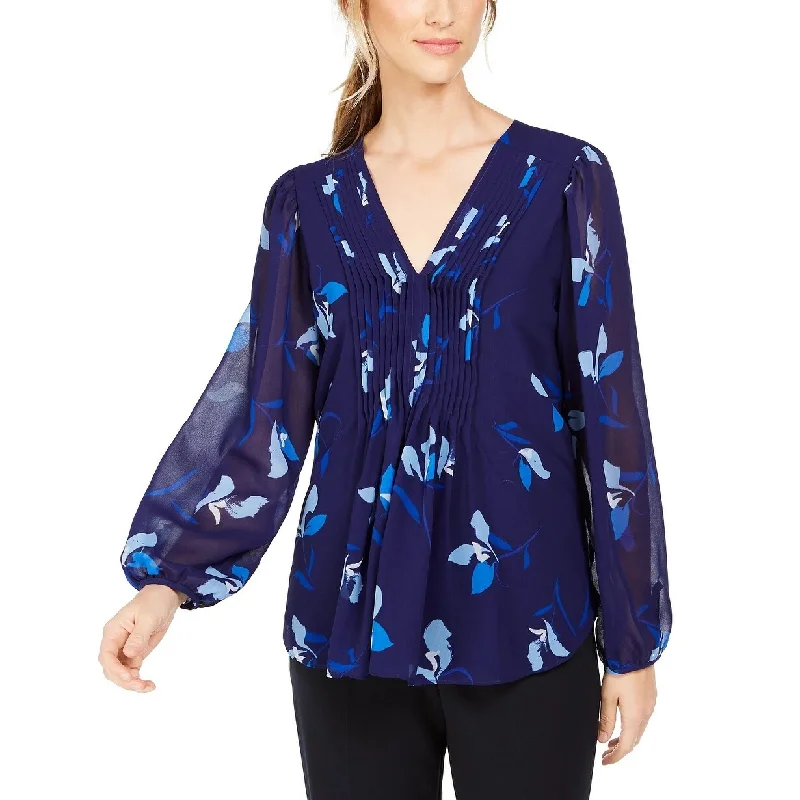 Longline ShirtsCalvin Klein Women's Floral Printed Pintuck-Pleated Blouse Blue Size Small