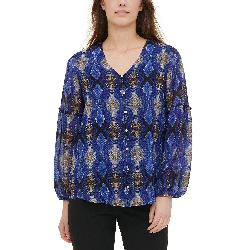 Leather-Paneled ShirtsCalvin Klein Women's Printed Balloon Sleeve Blouse Blue Size Large