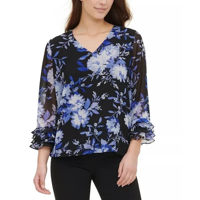 Button-Up ShirtsCalvin Klein Women's Printed Ruffle Sleeve Blouse Blue Size Medium