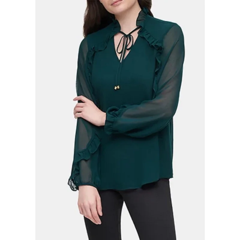 Slim Fit ShirtsCalvin Klein Women's Tie-Neck Ruffled-Sleeve Blouse Green Size Small