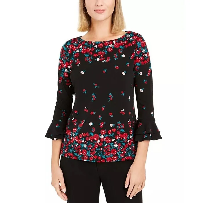 Formal ShirtsCharter Club Women's Floral Print Bell Sleeve Blouse Black Size XX-Large