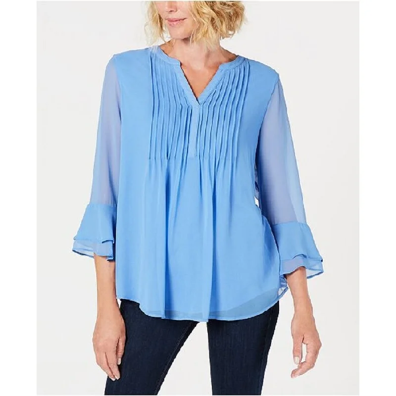 Embellished ShirtsCharter Club Women's Petite Pleated Sheer Blouses Cerulean Sky Size Large - Blue