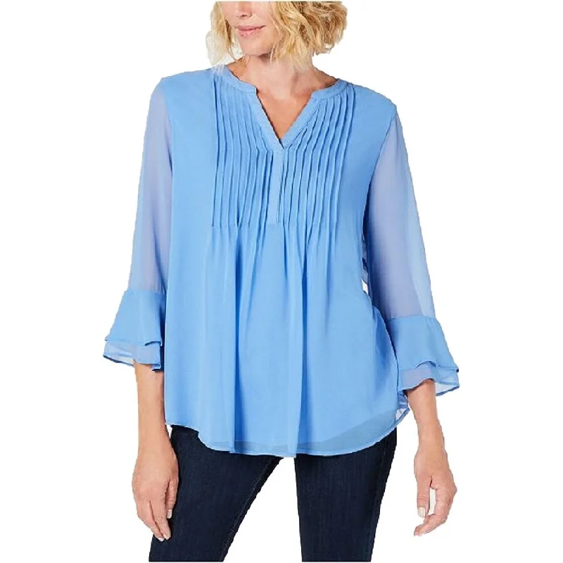 Polka Dot ShirtsCharter Club Women's Pleated Sheer Blouses Cerulean Sky Size Small - Blue