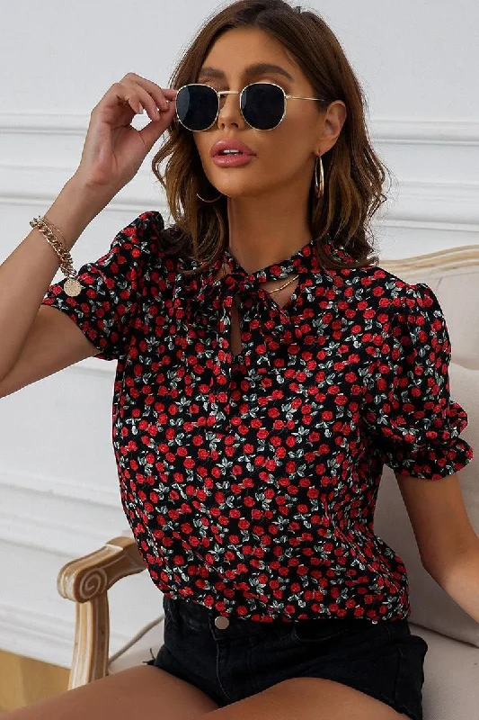 Festival ShirtsROSE PATTERN PUFF SLEEVE TIED NECK BLOUSE