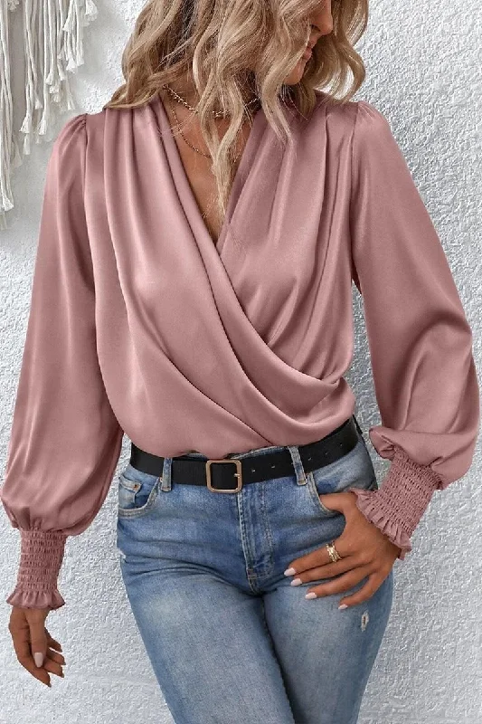 Sleep ShirtsWOMEN CROSS WRAP RIBBED SLEEVE BLOUSE TOP