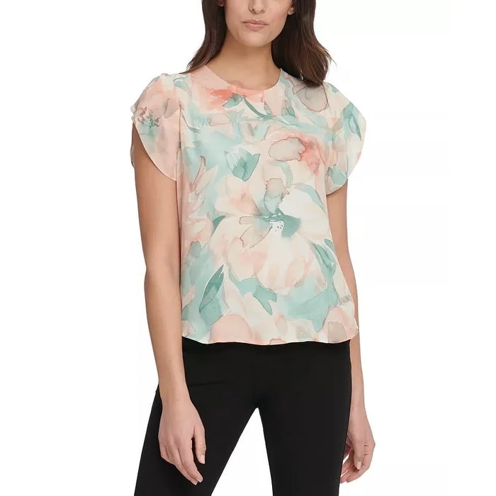 Relaxed Fit Short Sleeve TopsDKNY Women's Floral Print Flutter Sleeve Blouse Beige/Green Size XX-Large