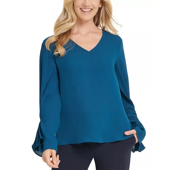 Running ShirtsDKNY Women's Pleated-Sleeve Blouse Blue Size X-Small