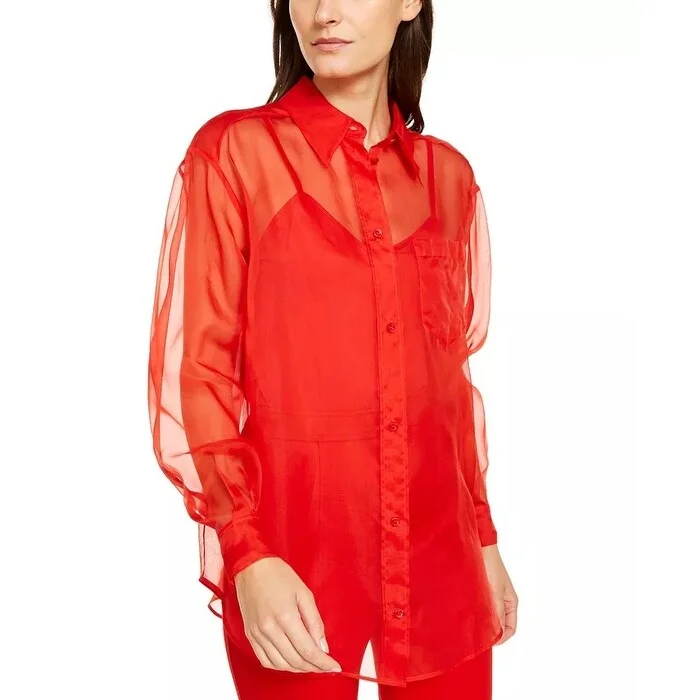 Limited Edition ShirtsEscada Women's Rita Ora Silk Semi Sheer Blouse Bright Red Size 38