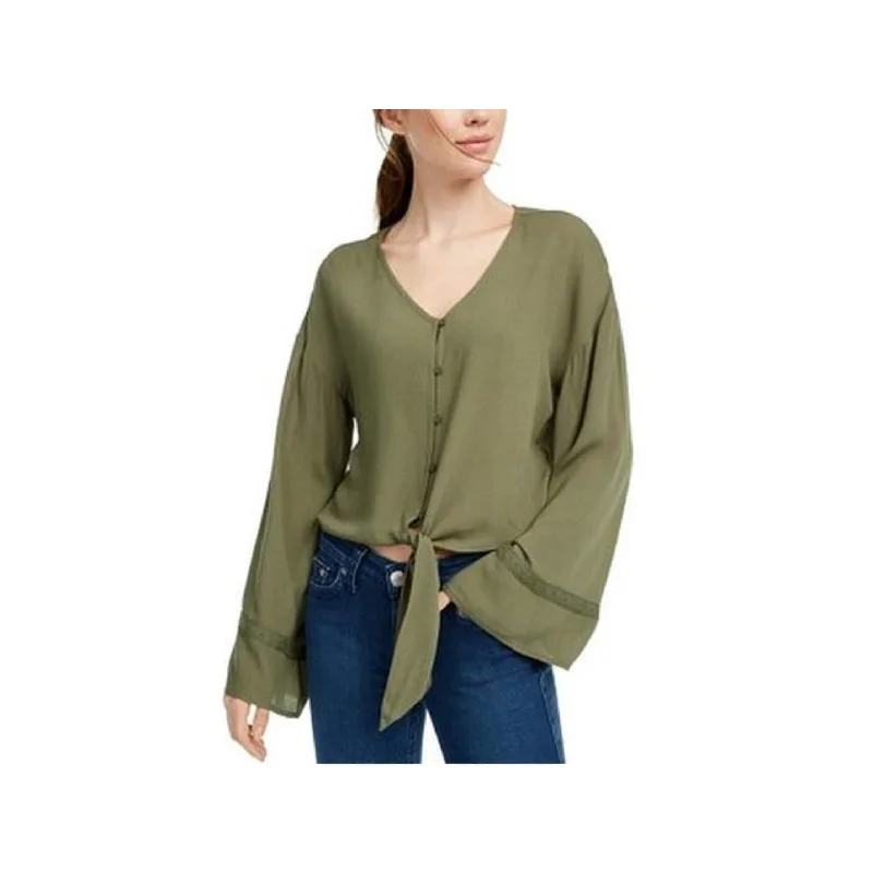 Hooded ShirtsFreshman Juniors Women's Flare-Sleeved Tie-Waist Blouse Green Size Extra Large