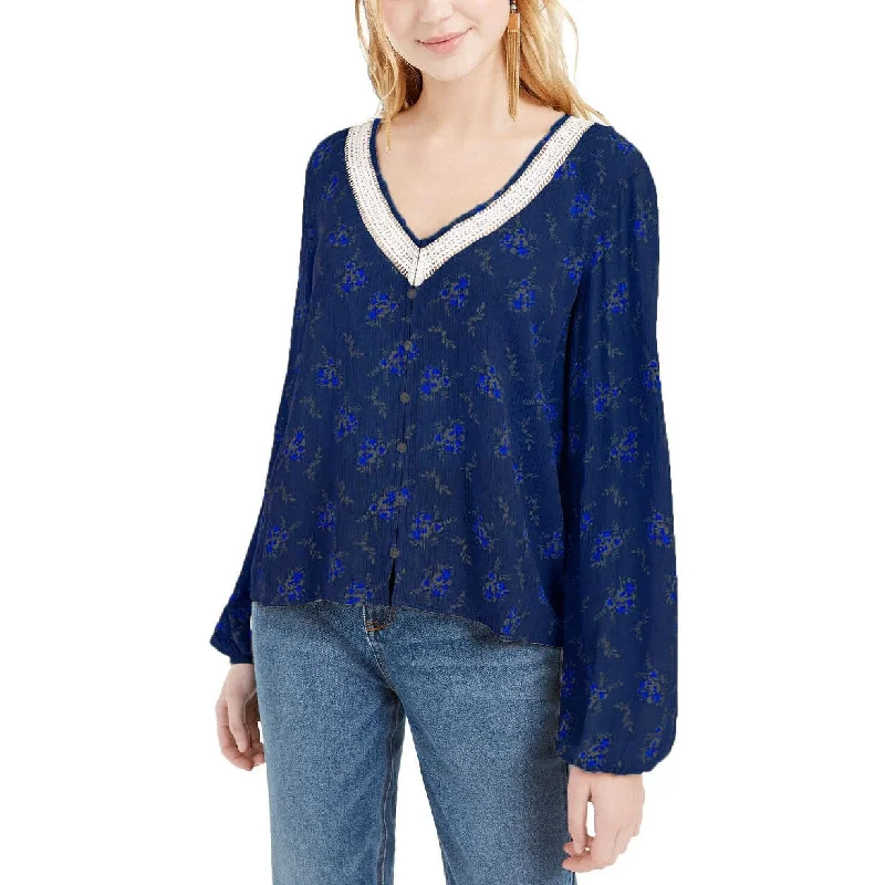 Rainproof ShirtsHippie Rose Juniors' Crochet-Trim Blouse Blue Size Small