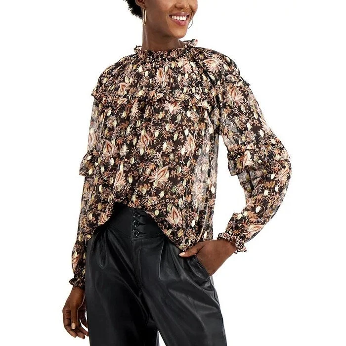 Leather-Paneled ShirtsINC International Concepts Women's Floral-Print Blouse Black Size S - Small