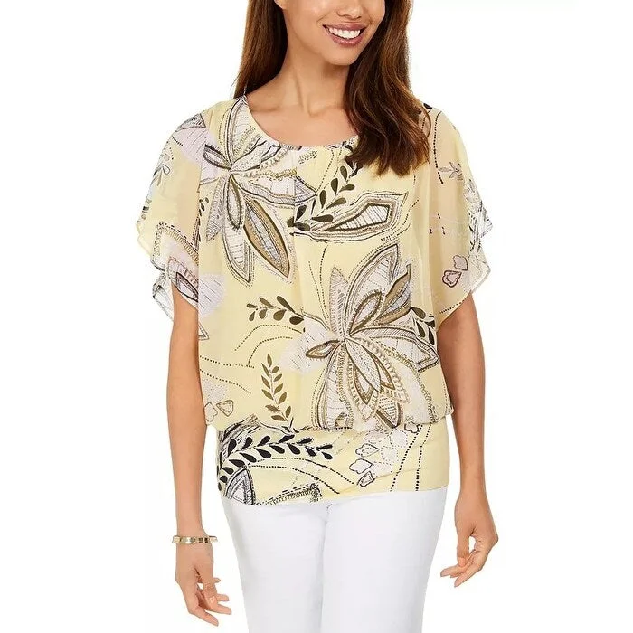 Athletic Short Sleeve TopsJM Collection Women's Printed Banded Hem Flutter Sleeve Top Yellow Size Small