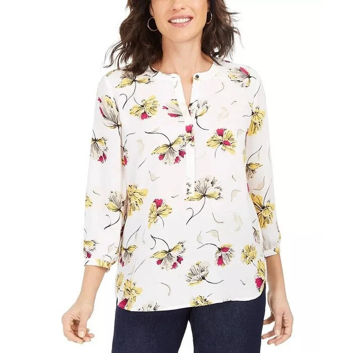 Floral ShirtsJM Collection Women's Printed Pleated Back Blouse Yellow Size X-Large