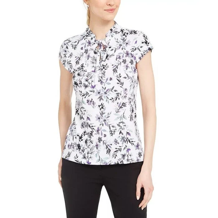 Yoga ShirtsKarl Lagerfeld Paris Women's Floral Print Cap Sleeve Blouse White Size Small