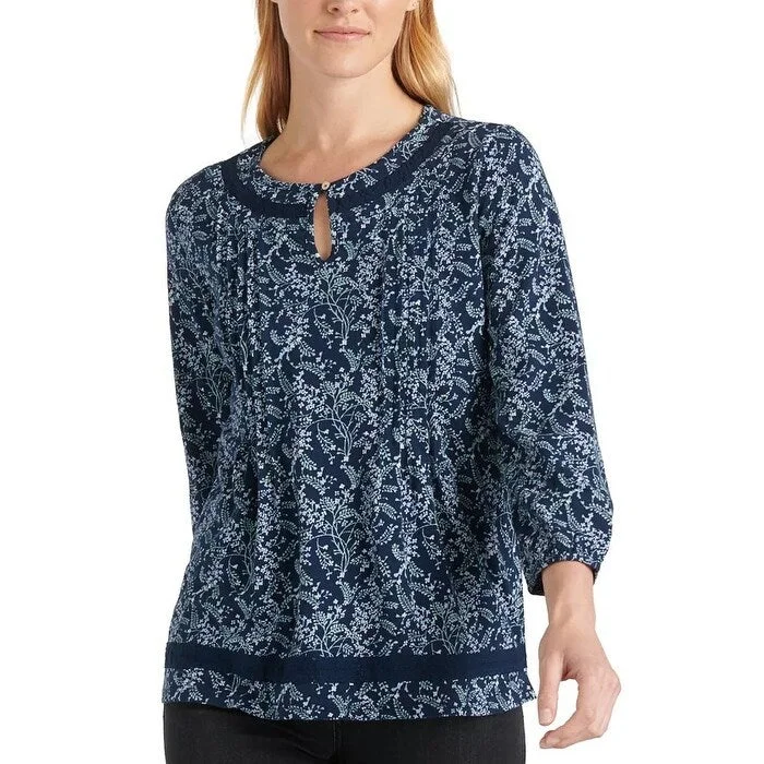 Relaxed Fit ShirtsLucky Brand Women's Floral Pintuck Cotton Peasant Blouse Navy Size L - Large