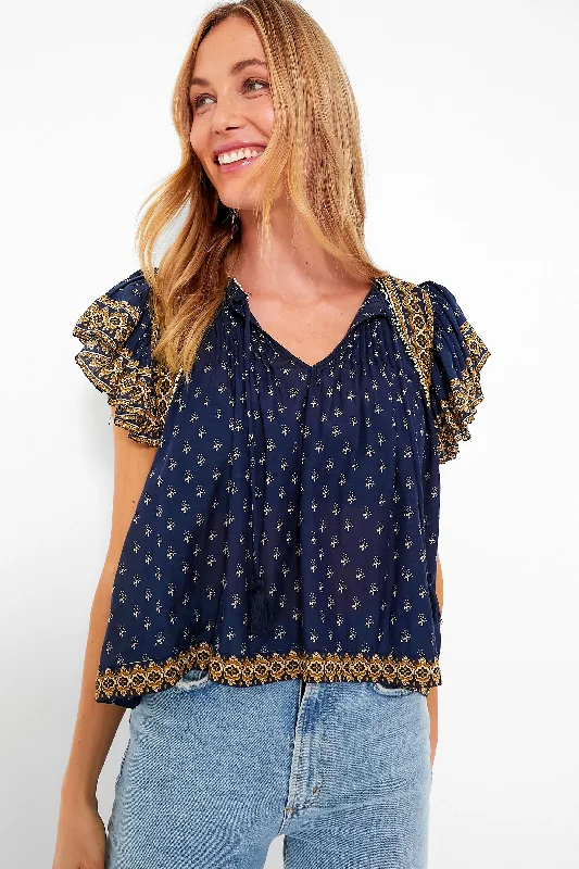 Plush Short Sleeve TopsNavy Arlita Print Flutter Sleeve Top