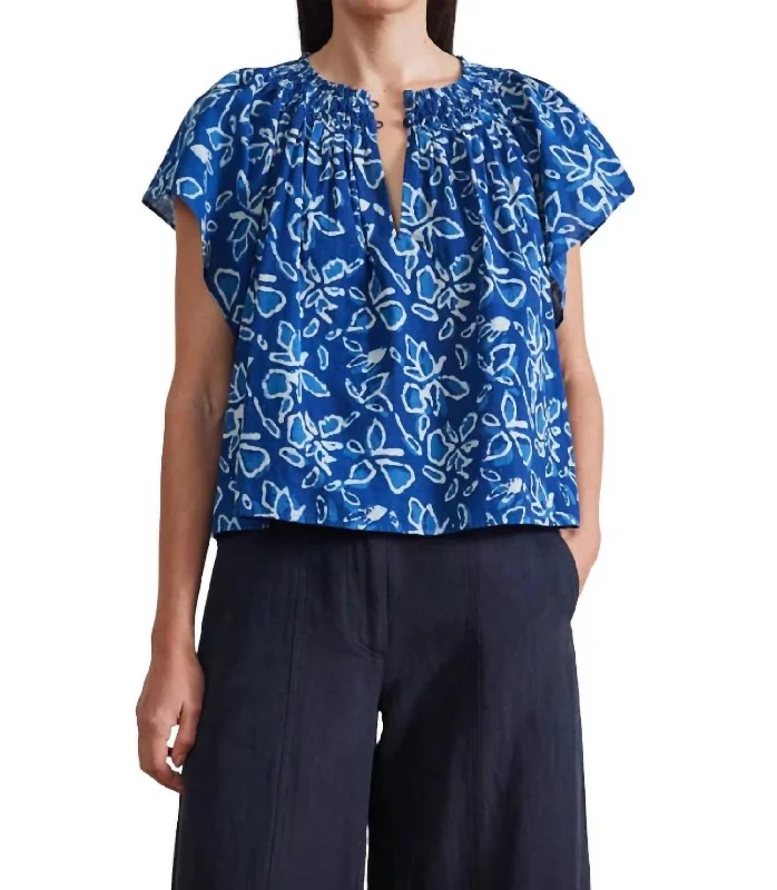 Oversized Short Sleeve TopsPatricia Flutter Sleeve Top In Floras Dabu Indigo