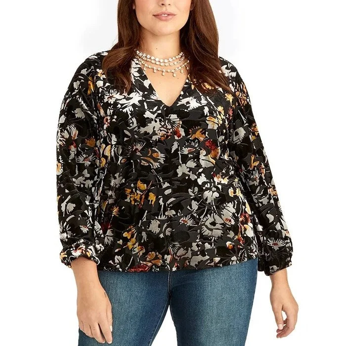 Hiking ShirtsRachel Rachel Roy Women's Alma Floral Velvet Blouse Black Size 1X