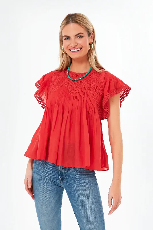 Fleece Short Sleeve TopsRed Frida Solid Flutter Sleeve Top