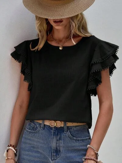 Band Merch ShirtsRuffled Cap Sleeve Round Neck Blouse