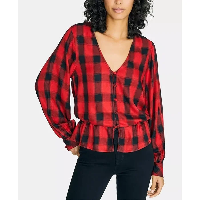 Button-Down ShirtsSanctuary Women's Jasper Plaid Peplum Blouse Bright Red Size Large