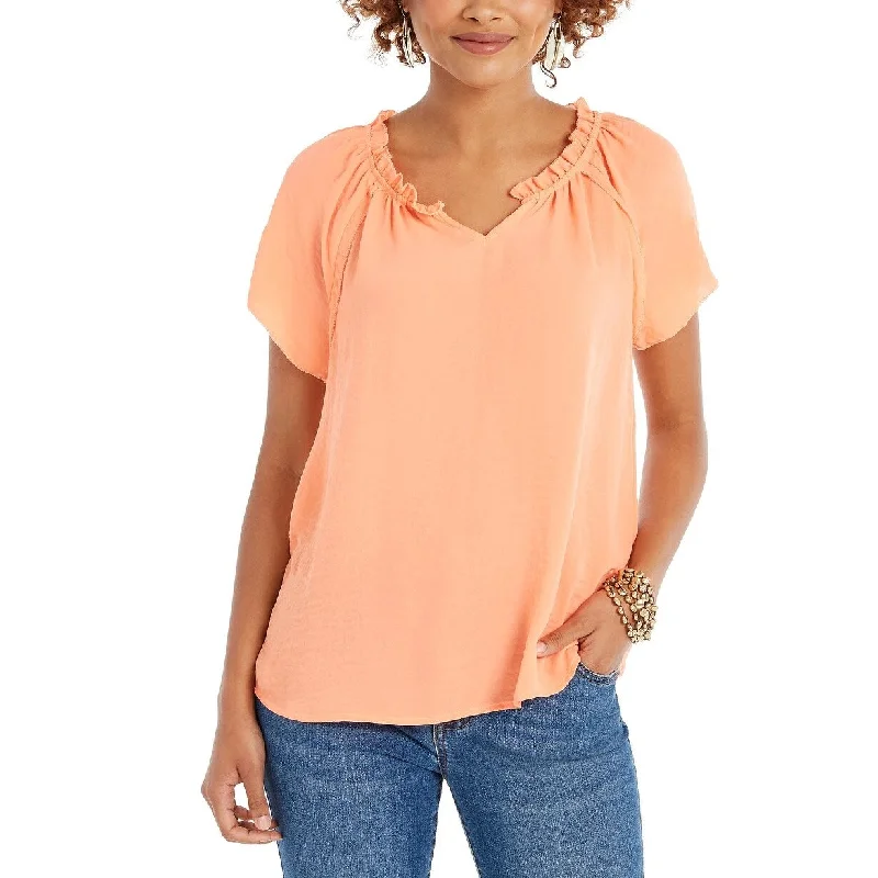 Running Short Sleeve TopsStyle & Co Women's Crinkle Flutter Sleeve Top Orange Size Large