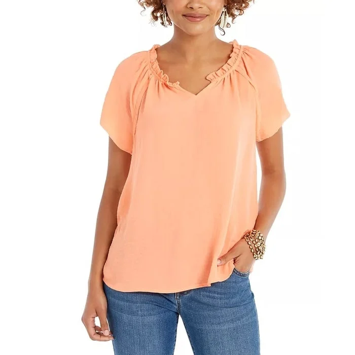 Waterproof Short Sleeve TopsStyle & Co Women's Crinkle Flutter Sleeve Top Orange Size X-Large