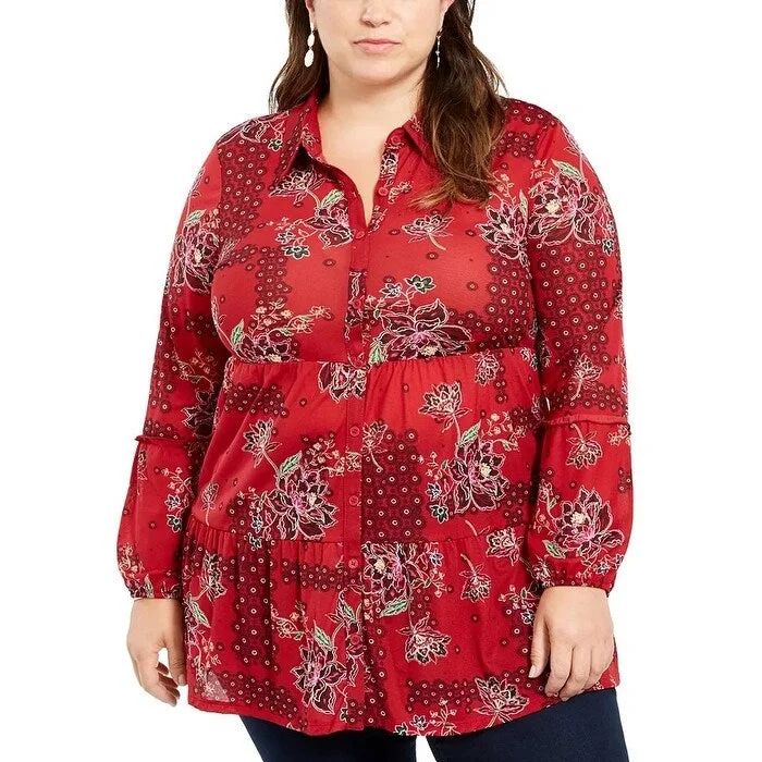 Casual ShirtsStyle & Co Women's Floral Print Tiered Blouse Red Size 2X