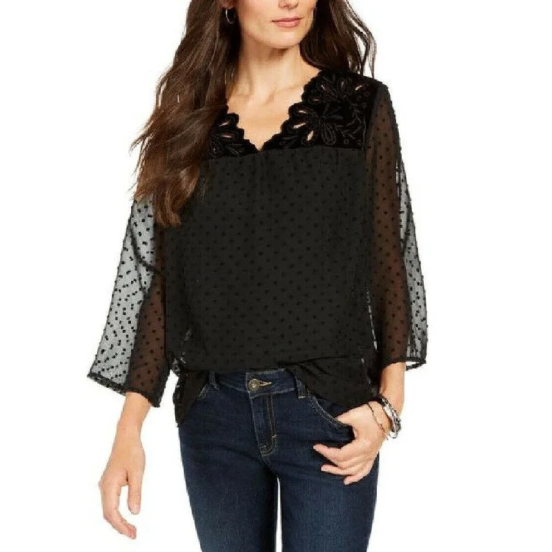 Hunting ShirtsStyle & Co Women's Mixed-Media Sheer-Sleeve Blouse Black Size Large