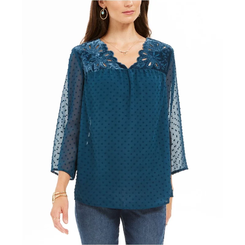 Embellished ShirtsStyle & Co Women's Mixed-Media Sheer-Sleeve Blouse Blue Size Extra Large