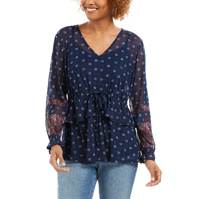 Layered ShirtsStyle & Co Women's Tie-Front Floral Print Peasant Blouse Navy Size S - Small