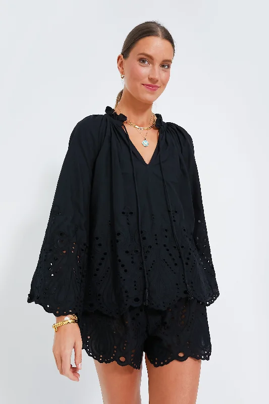 Silk ShirtsTangier Border Embroidered Nero Penny Blouse