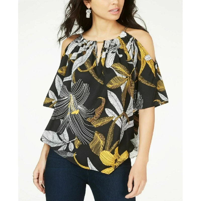 Travel ShirtsThalia Sodi Women's Printed Blouse Top Chain-Neck Gold Floral Size Small - Black