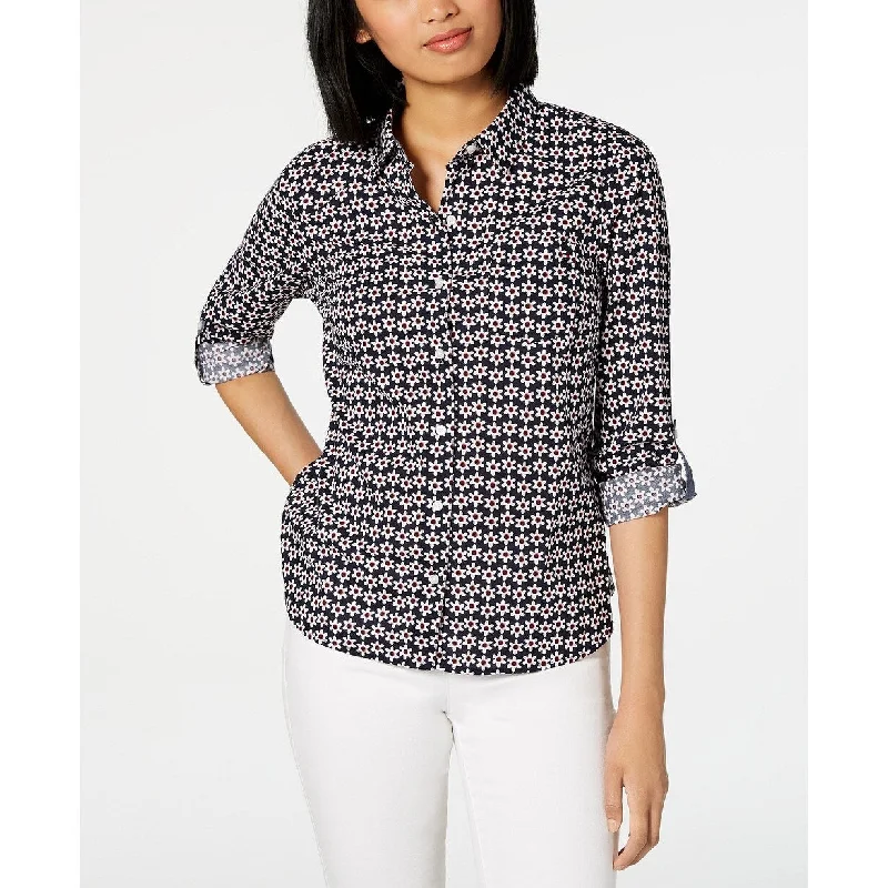 Metallic ShirtsTommy Hilfiger Women's Cotton Daisy-Print Blouse Navy Size Extra Small