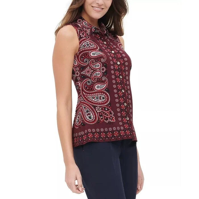 Cycling ShirtsTommy Hilfiger Women's Paisley Button-Up Collared Blouse Red Size XS - X-Small