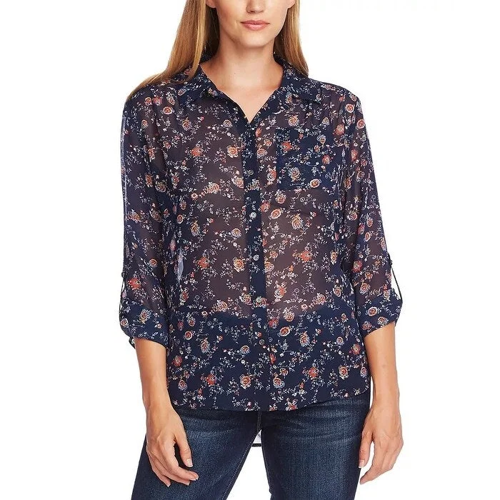 Button-Up ShirtsVince Camuto Women's Ditsy Floral Shirred Shoulder Blouse Blue Size X-Large