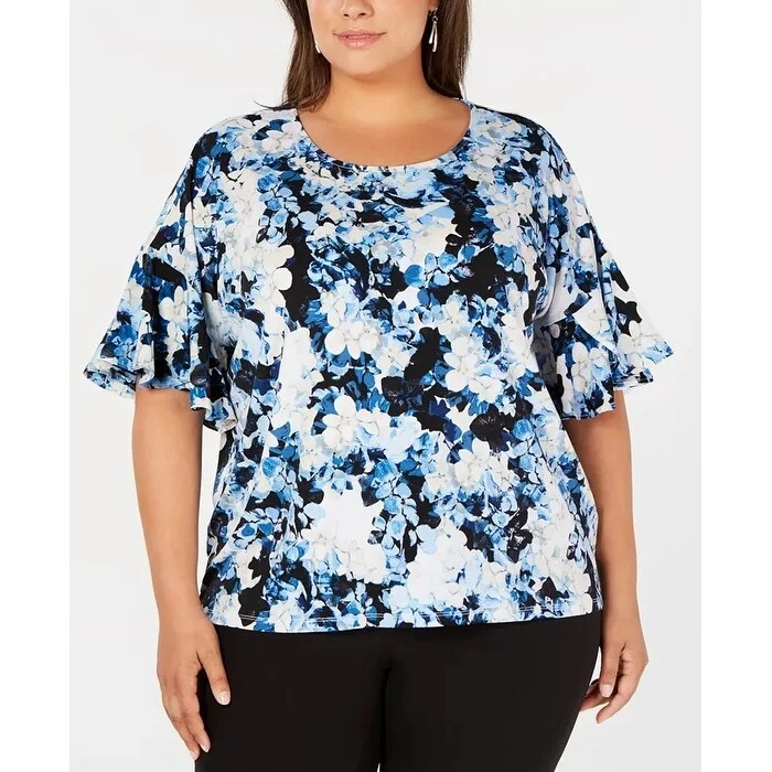 High-Fashion Short Sleeve TopsAlfani Women's Printed Flutter Sleeve Top Navy Size 2X