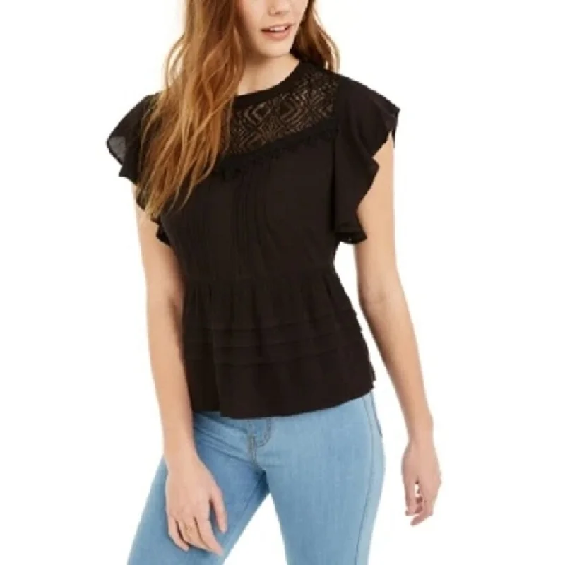 Outdoor Short Sleeve TopsAmerican Rag Junior's Lace Trimmed Flutter Sleeve Top Black Size Small