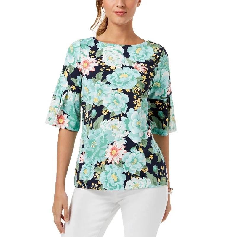 Luxury Short Sleeve TopsCharter Club Women's Printed Flutter Sleeve Top Blue Floral Size Extra Large - Green - X-Large