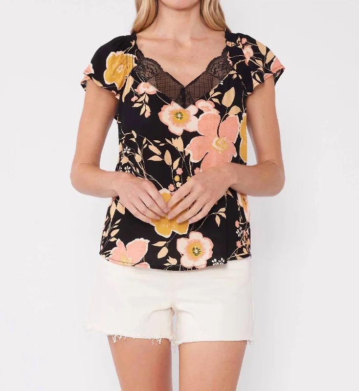 Band Merch Short Sleeve TopsFloral Flutter Sleeve Blouse In Black