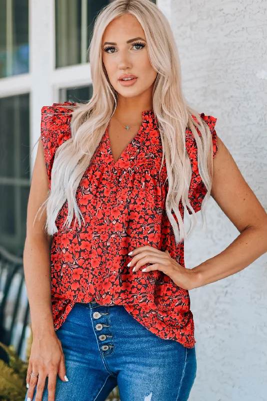 Plush Short Sleeve TopsFloral Flutter Sleeve Notched Neck Blouse