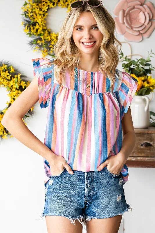 Metallic Short Sleeve TopsMulticolored Stripe Flutter Sleeve Blouse