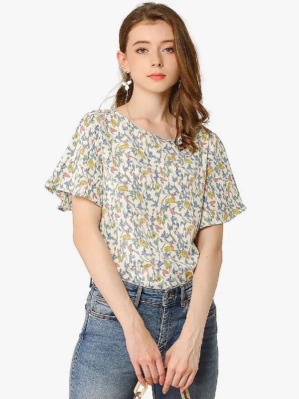 Blended Fabric Short Sleeve TopsFloral Blouse Tee Chiffon Casual Flutter Sleeve Tops