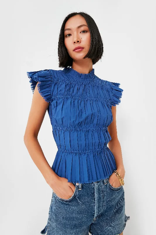 Hunting Short Sleeve TopsBlue Greir Pleating Flutter Sleeve Top