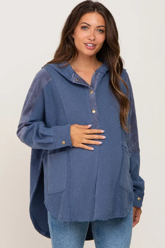 Asymmetrical HoodiesBlue Soft Mixed Knit Button Front Hooded Maternity Top