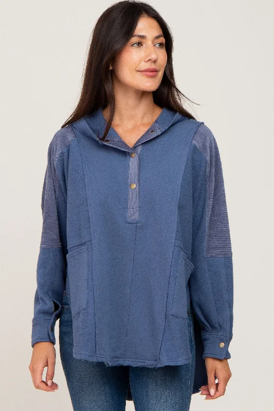 Painted HoodiesBlue Soft Mixed Knit Button Front Hooded Top