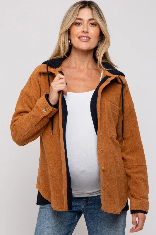 Sheer HoodiesCamel Soft Hooded Maternity Shacket