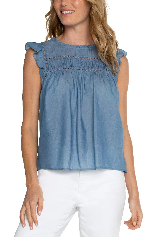 Camping Short Sleeve TopsFlutter Sleeve Wove top -Blue