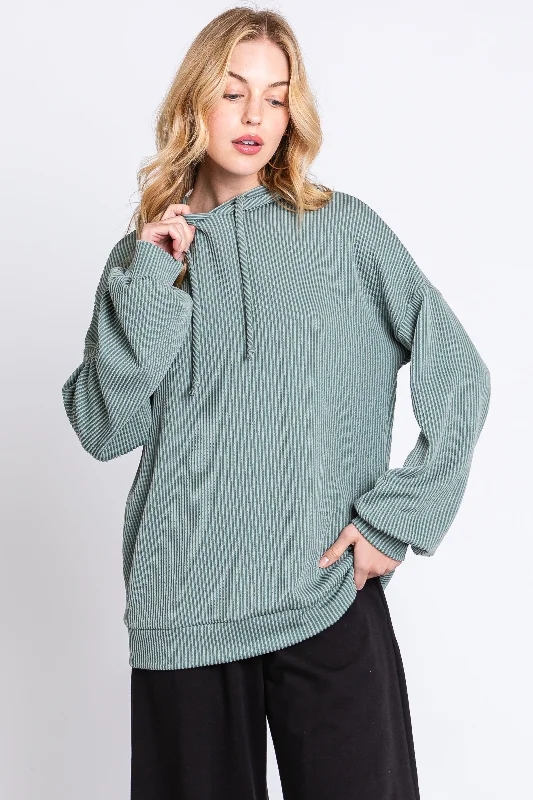 Studded SweatshirtsLight Olive Ribbed Hooded Top