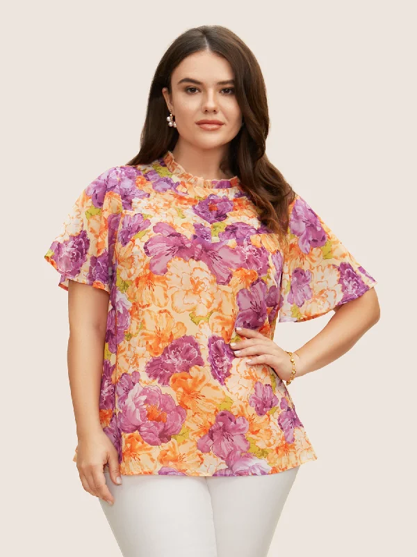 Luxury Short Sleeve TopsMock Neck Contrast Floral Flutter Sleeve Blouse